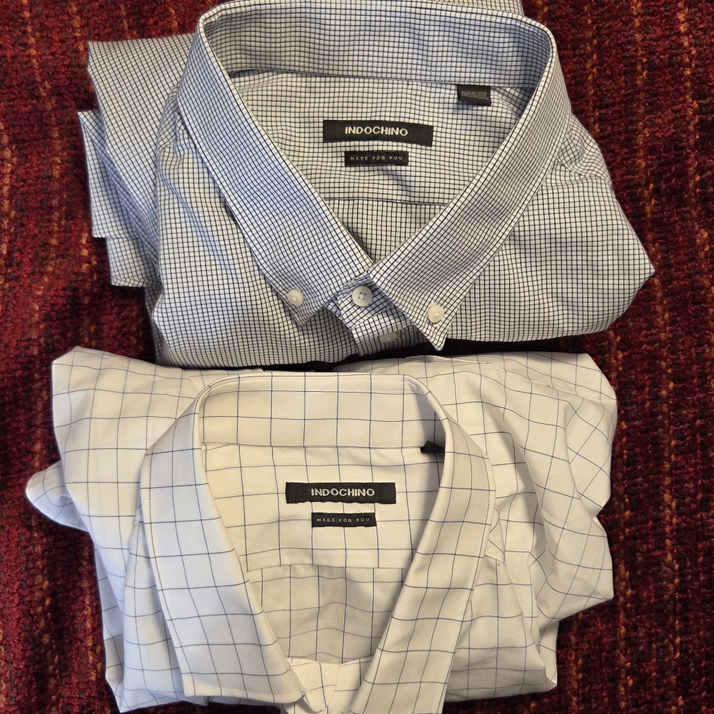 Indochino Two Custom Dress Shirt Lot 18.5-36 White Graph Check Big Tall Cotton